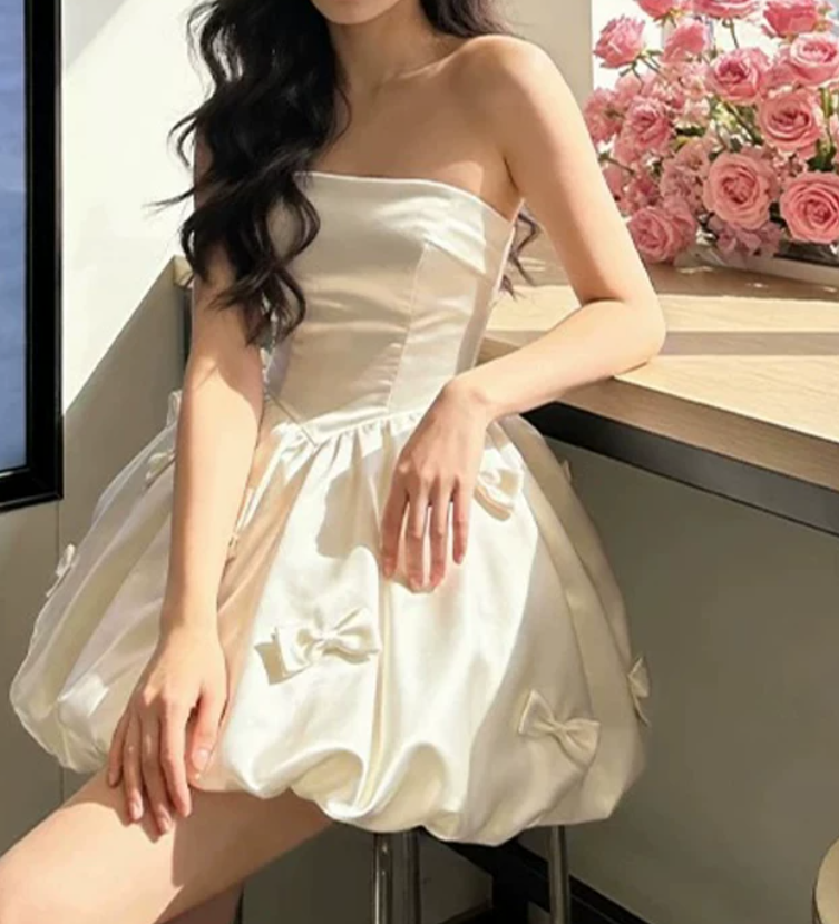 Cute Strapless Ivory Homecoming Dress Bows Satin A-Line Birthday Dress D0072