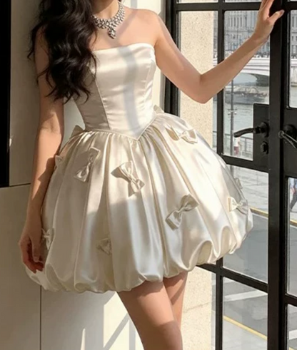 Cute Strapless Ivory Homecoming Dress Bows Satin A-Line Birthday Dress D0072