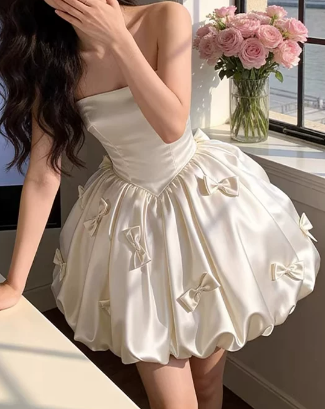 Cute Strapless Ivory Homecoming Dress Bows Satin A-Line Birthday Dress D0072