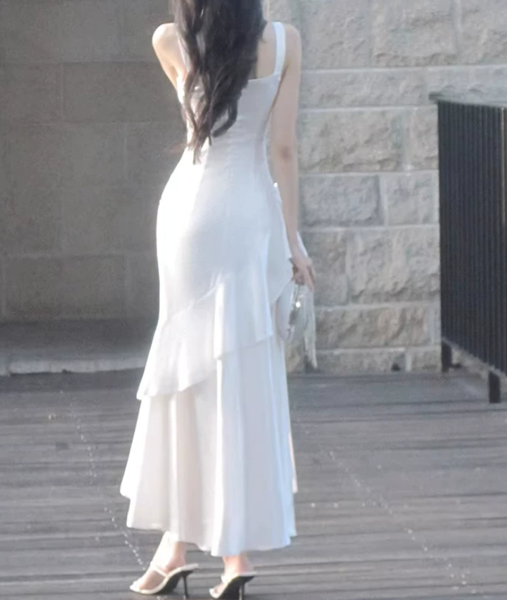 Playful Spaghetti Straps Prom Dress White Ruffles Mermaid Evening Dress D0074