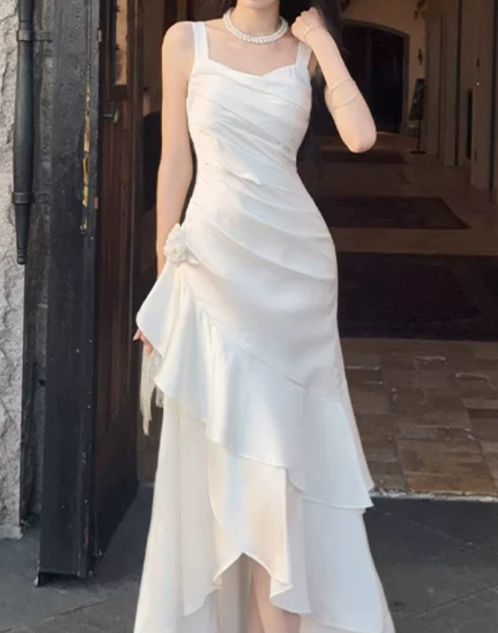 Playful Spaghetti Straps Prom Dress White Ruffles Mermaid Evening Dress D0074