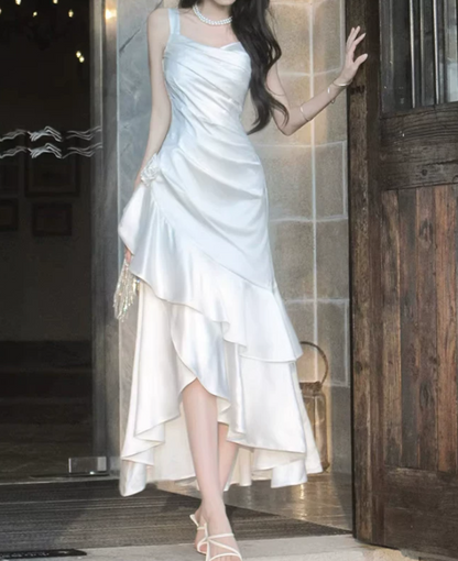 Playful Spaghetti Straps Prom Dress White Ruffles Mermaid Evening Dress D0074
