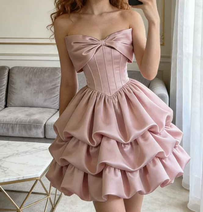 Mini robe de soirée en satin, sans bretelles, sans manches, ligne a, simple, C899