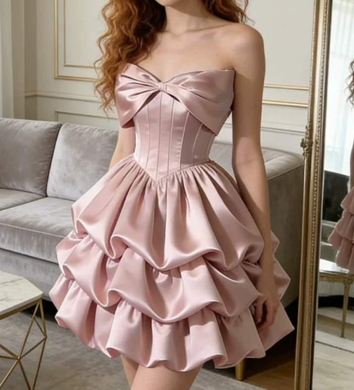 Mini robe de soirée en satin, sans bretelles, sans manches, ligne a, simple, C899