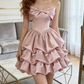 Mini robe de soirée en satin, sans bretelles, sans manches, ligne a, simple, C899
