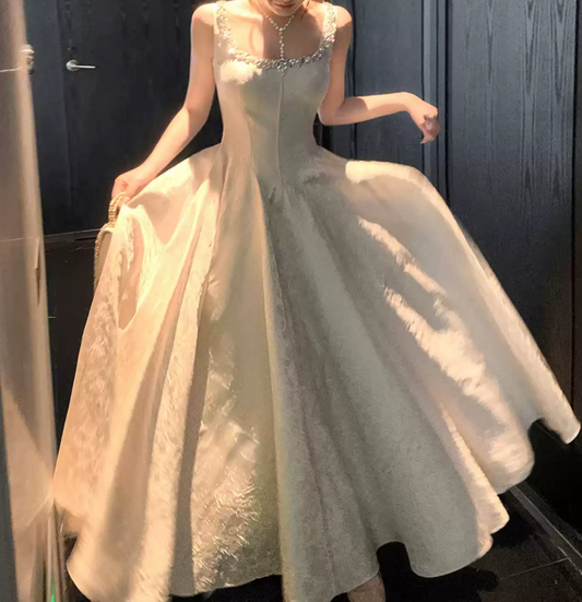 Elegant Spaghetti Straps Beading Prom Dress White Jacquard A-Line Evening Dress D0077