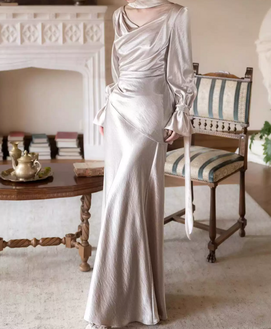 Classical V Neck Silver Prom Dress Long Sleeve Satin Mermaid Evening Dress D0081