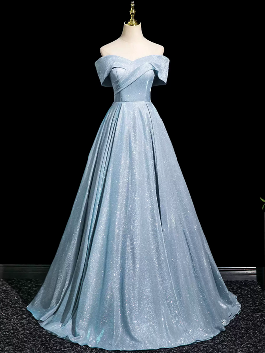 Retro Off-Shoulder Blue Prom Dress Sequins A-Line Evening Dress D0082