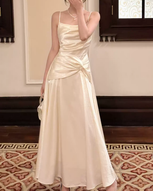 Glam Spaghetti Straps Ivory Prom Dress Satin A-Line Evening Dress D0084
