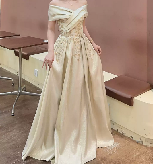 Sleek Off-Shoulder Champagne Prom Dress Sequins A-Line Evening Dress D0085