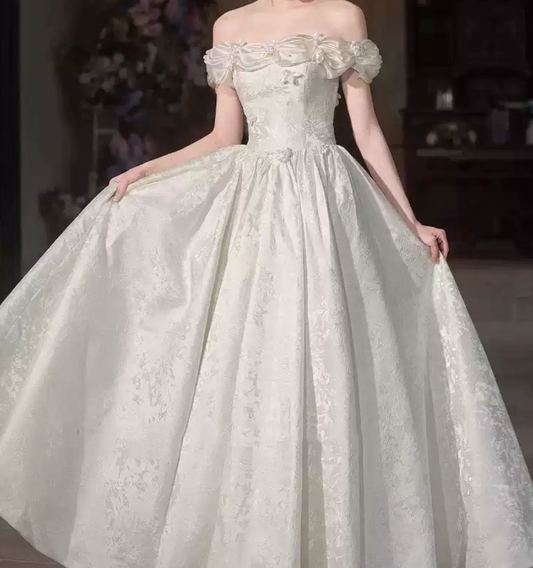 Graceful Off-Shoulder Beads Wedding Dresses Jacquard A-Line Bridal Dress D0088
