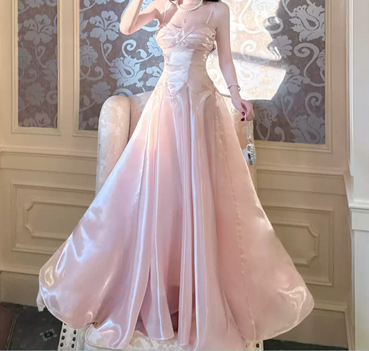 Charming Spaghetti Straps Prom Dress Pink Satin A-Line Evening Dress D0089