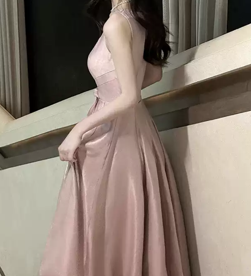 Elegant Spaghetti Straps Prom Dress Pink Bow A-Line Evening Dress D0091