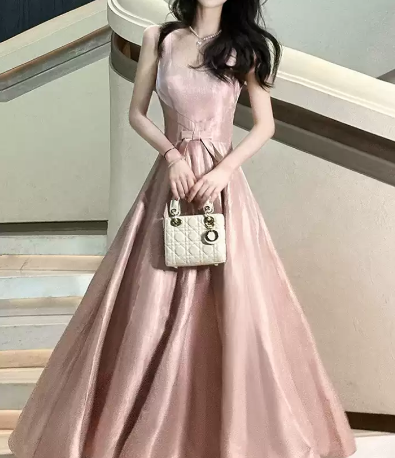 Elegant Spaghetti Straps Prom Dress Pink Bow A-Line Evening Dress D0091