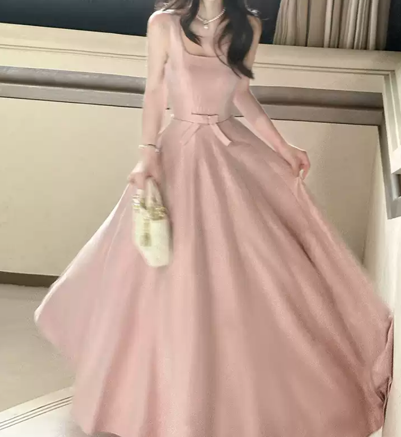Elegant Spaghetti Straps Prom Dress Pink Bow A-Line Evening Dress D0091