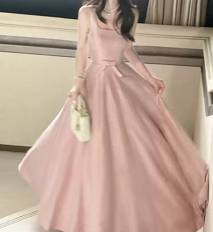 Elegant Spaghetti Straps Prom Dress Pink Bow A-Line Evening Dress D0091