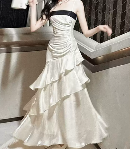 Trendy Spaghetti Straps Prom Dress White Ruffles A-Line Evening Dress D0092