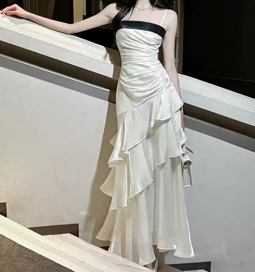 Trendy Spaghetti Straps Prom Dress White Ruffles A-Line Evening Dress D0092
