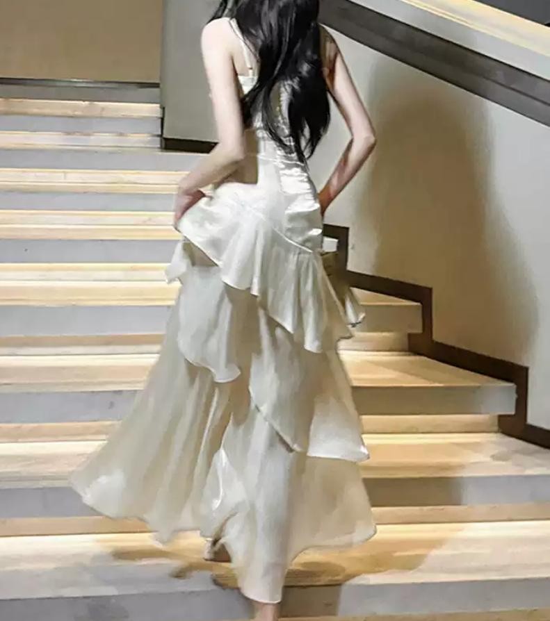 Trendy Spaghetti Straps Prom Dress White Ruffles A-Line Evening Dress D0092