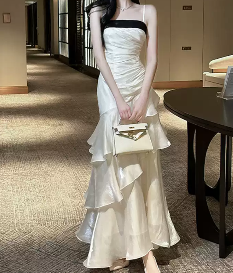 Trendy Spaghetti Straps Prom Dress White Ruffles A-Line Evening Dress D0092