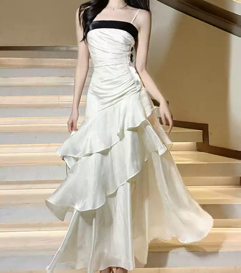 Trendy Spaghetti Straps Prom Dress White Ruffles A-Line Evening Dress D0092
