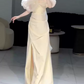 Classical Off-Shoulder Prom Dress Ivory Slit A-Line Evening Dress D0093