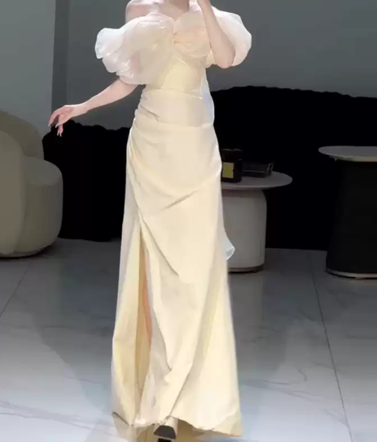 Classical Off-Shoulder Prom Dress Ivory Slit A-Line Evening Dress D0093