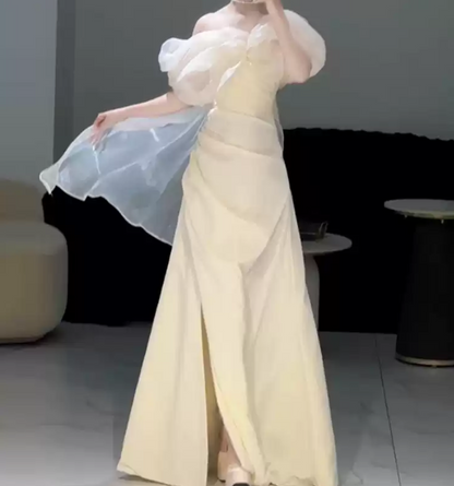 Classical Off-Shoulder Prom Dress Ivory Slit A-Line Evening Dress D0093