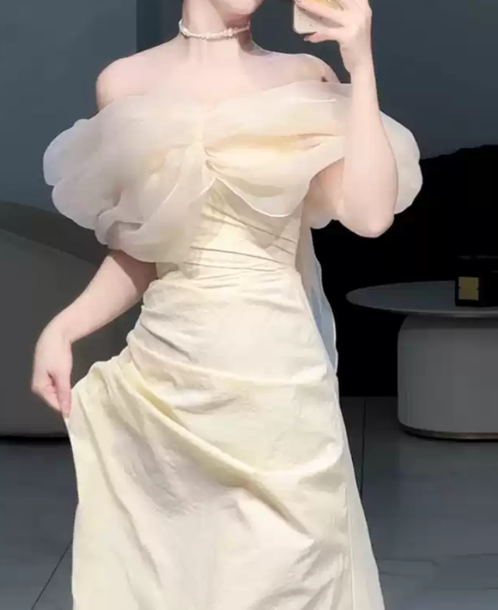 Classical Off-Shoulder Prom Dress Ivory Slit A-Line Evening Dress D0093