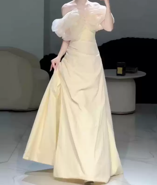 Classical Off-Shoulder Prom Dress Ivory Slit A-Line Evening Dress D0093