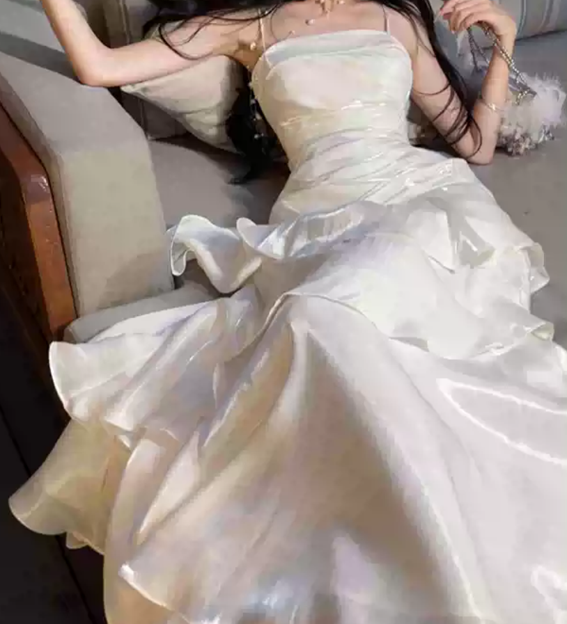 Unique Spaghetti Straps Maxi Dress White Ruffles Mermaid Long Dress D0094