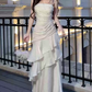 Unique Spaghetti Straps Maxi Dress White Ruffles Mermaid Long Dress D0094