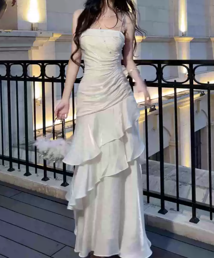 Unique Spaghetti Straps Maxi Dress White Ruffles Mermaid Long Dress D0094