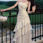 Unique Spaghetti Straps Maxi Dress White Ruffles Mermaid Long Dress D0094