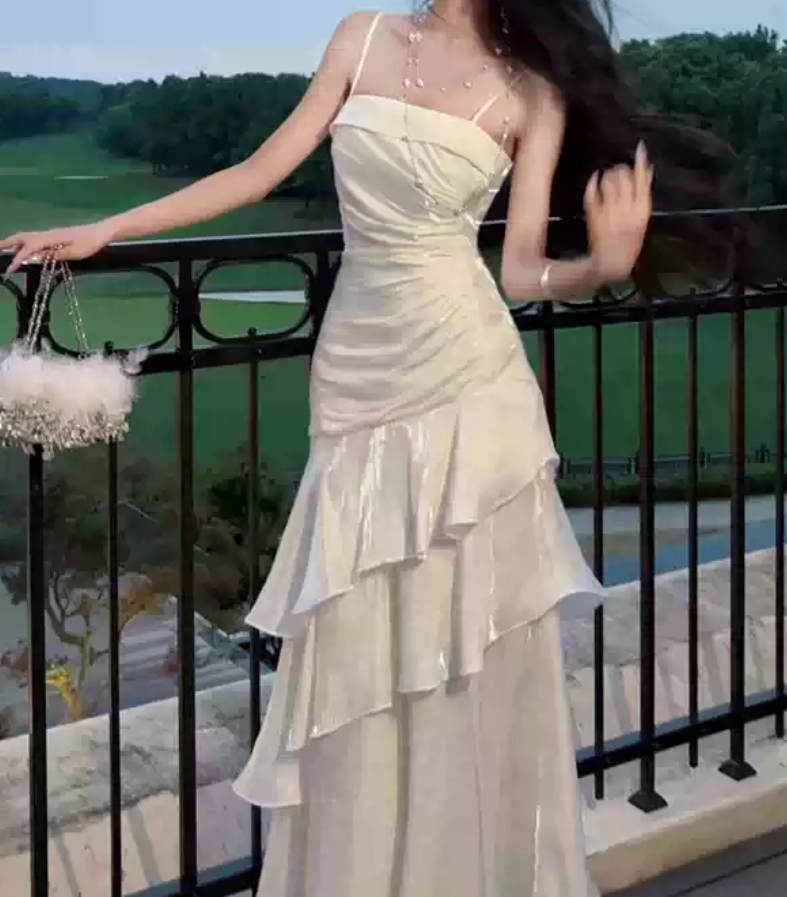Unique Spaghetti Straps Maxi Dress White Ruffles Mermaid Long Dress D0094