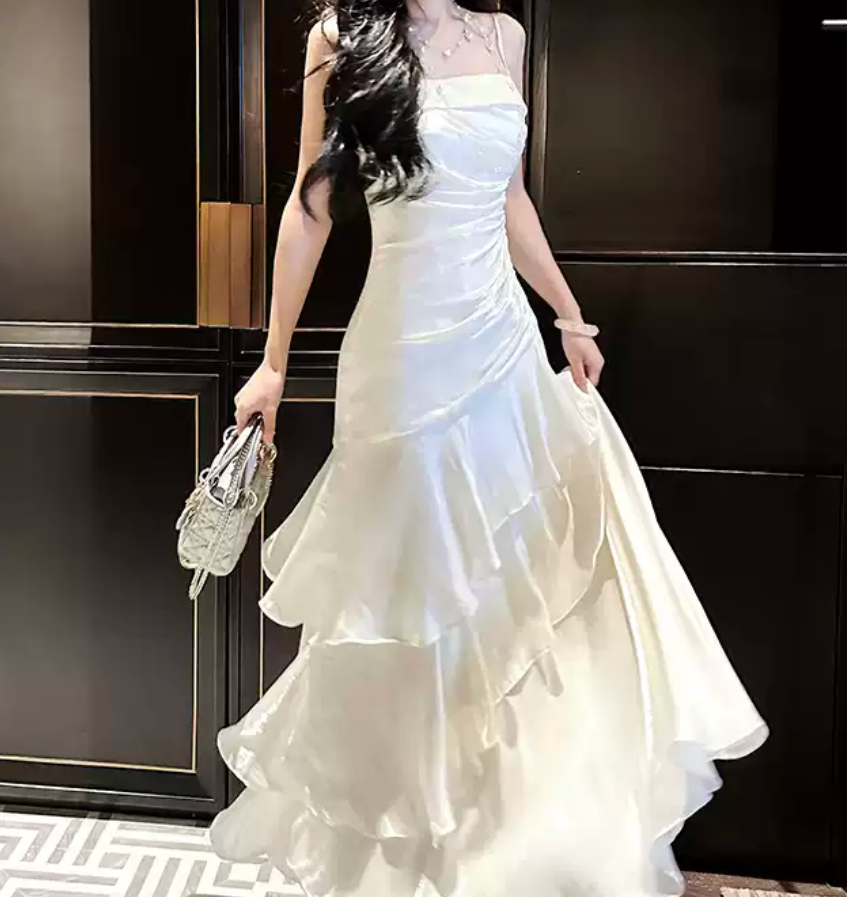 Unique Spaghetti Straps Maxi Dress White Ruffles Mermaid Long Dress D0094