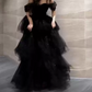 Fascinating Off-Shoulder Prom Dress Black Sequins Tulle A-Line Evening Dress D0095