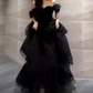 Fascinating Off-Shoulder Prom Dress Black Sequins Tulle A-Line Evening Dress D0095