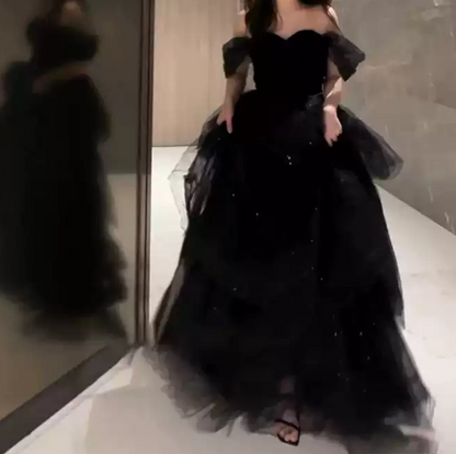 Fascinating Off-Shoulder Prom Dress Black Sequins Tulle A-Line Evening Dress D0095