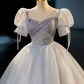 Fascinating Square Neck Blue Prom Dress Sequins Short Sleeve A-Line Evening Dress D0096