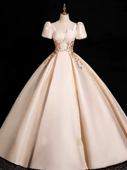 Graceful Square Neck Ivory Prom Dress Appliques Short Sleeve A-Line Evening Dress D0097