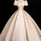 Graceful Square Neck Ivory Prom Dress Appliques Short Sleeve A-Line Evening Dress D0097