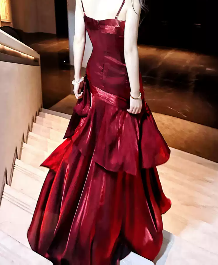 Sexy Spaghetti Straps Maxi Dress Red Ruffles Mermaid Long Dress D0098