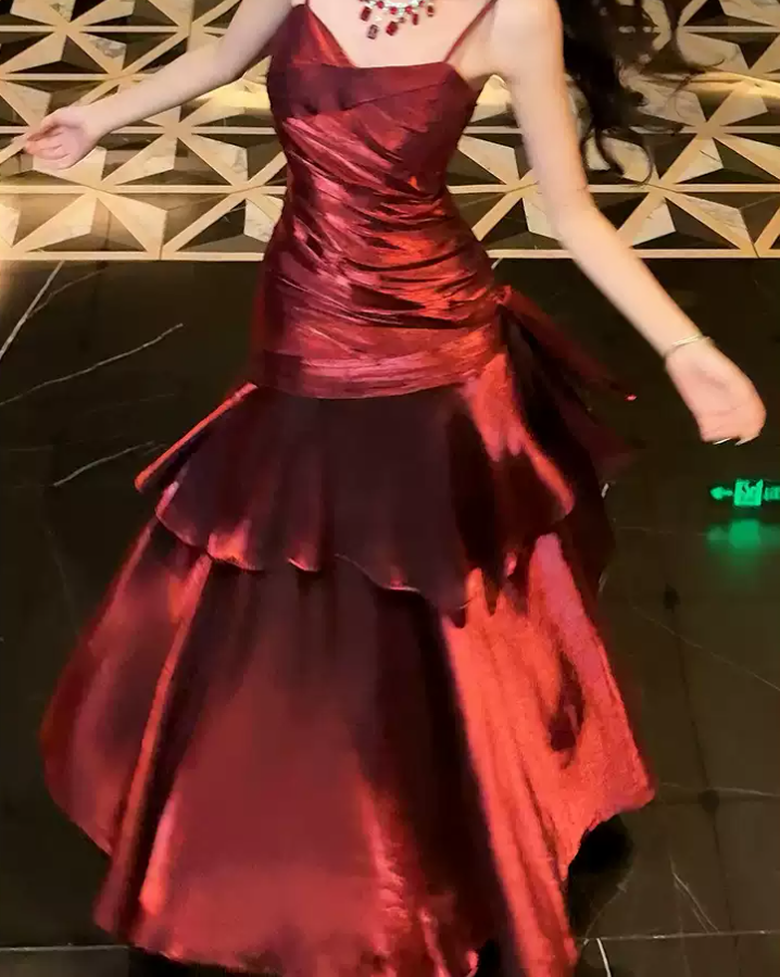 Sexy Spaghetti Straps Maxi Dress Red Ruffles Mermaid Long Dress D0098