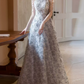 Y2K Halter Neck Gray Prom Dress Floral Sequins A-Line Evening Dress D0100