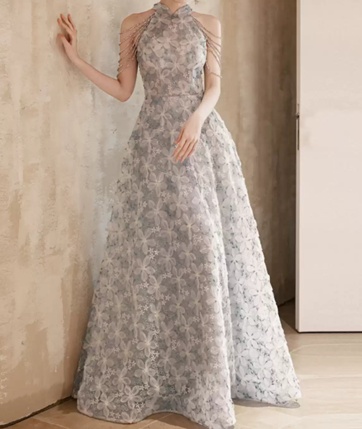 Y2K Halter Neck Gray Prom Dress Floral Sequins A-Line Evening Dress D0100