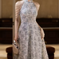 Y2K Halter Neck Gray Prom Dress Floral Sequins A-Line Evening Dress D0100