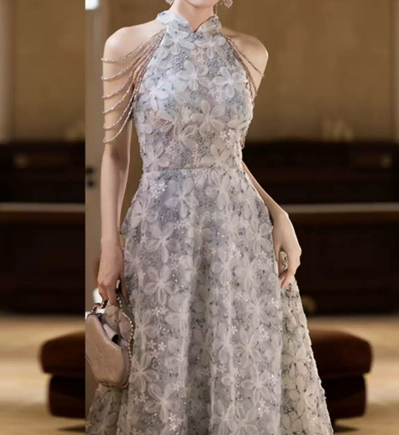 Y2K Halter Neck Gray Prom Dress Floral Sequins A-Line Evening Dress D0100