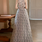 Y2K Halter Neck Gray Prom Dress Floral Sequins A-Line Evening Dress D0100