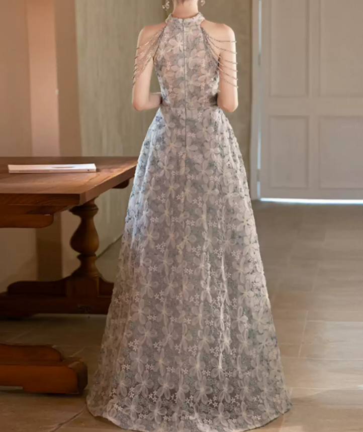 Y2K Halter Neck Gray Prom Dress Floral Sequins A-Line Evening Dress D0100